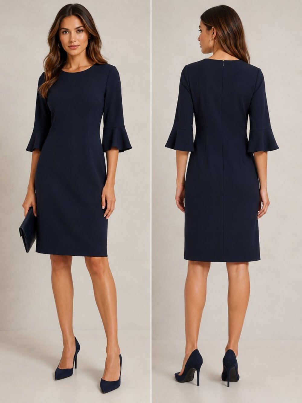 Banana Republic Sheath Tulip Sleeve Dress 4 Navy Blue Knit Ruffle Stretch Read